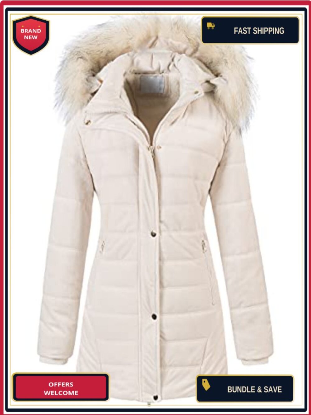 Faux Fur Hooded Quilted Puffer Jacket, Insulated Long Winter Coat, Fleece